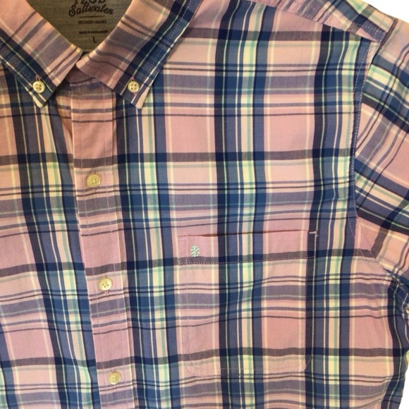 Izod Saltwater Mens Pink Plaid Seaport Poplin Short Sleeve Button Up Shirt Large - Picture 2 of 5